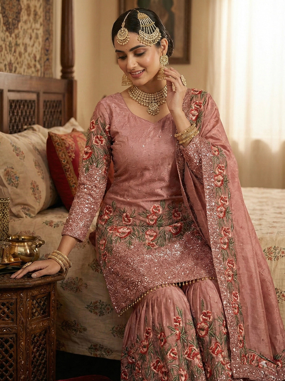 Fendy Silk Heavy Embroidered Sharara Suit Set for Women