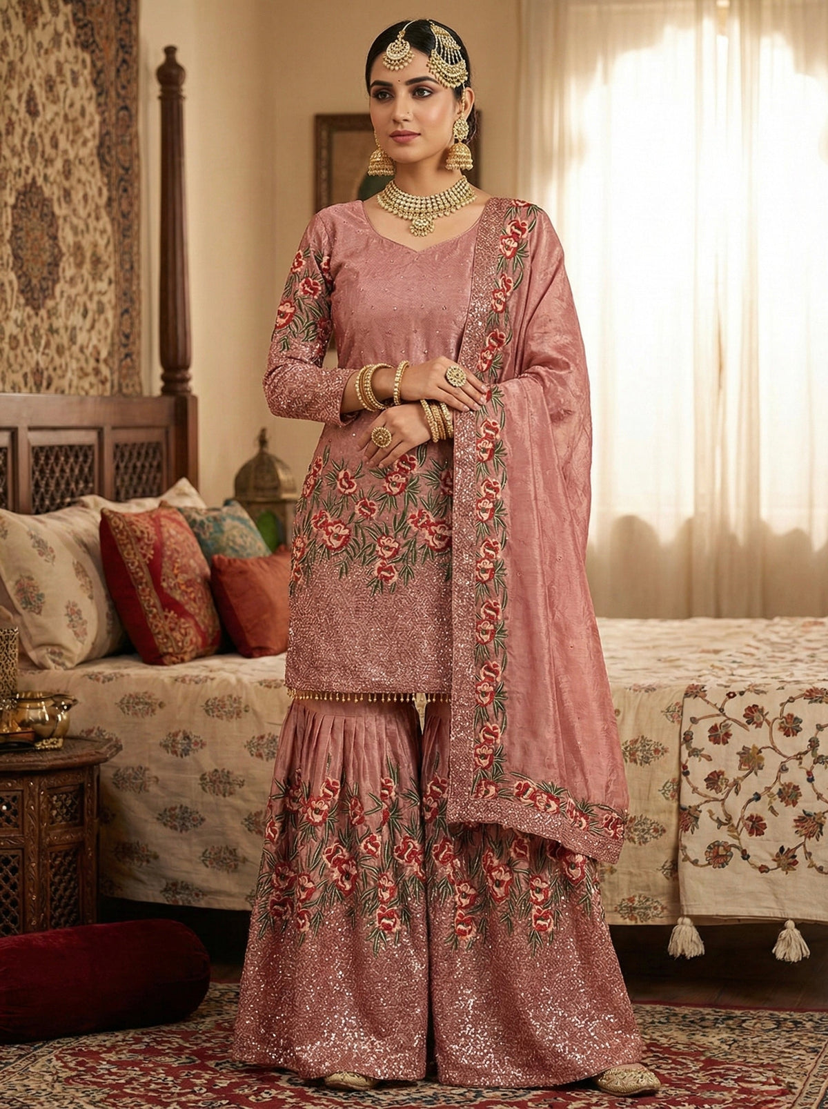Fendy Silk Heavy Embroidered Sharara Suit Set for Women
