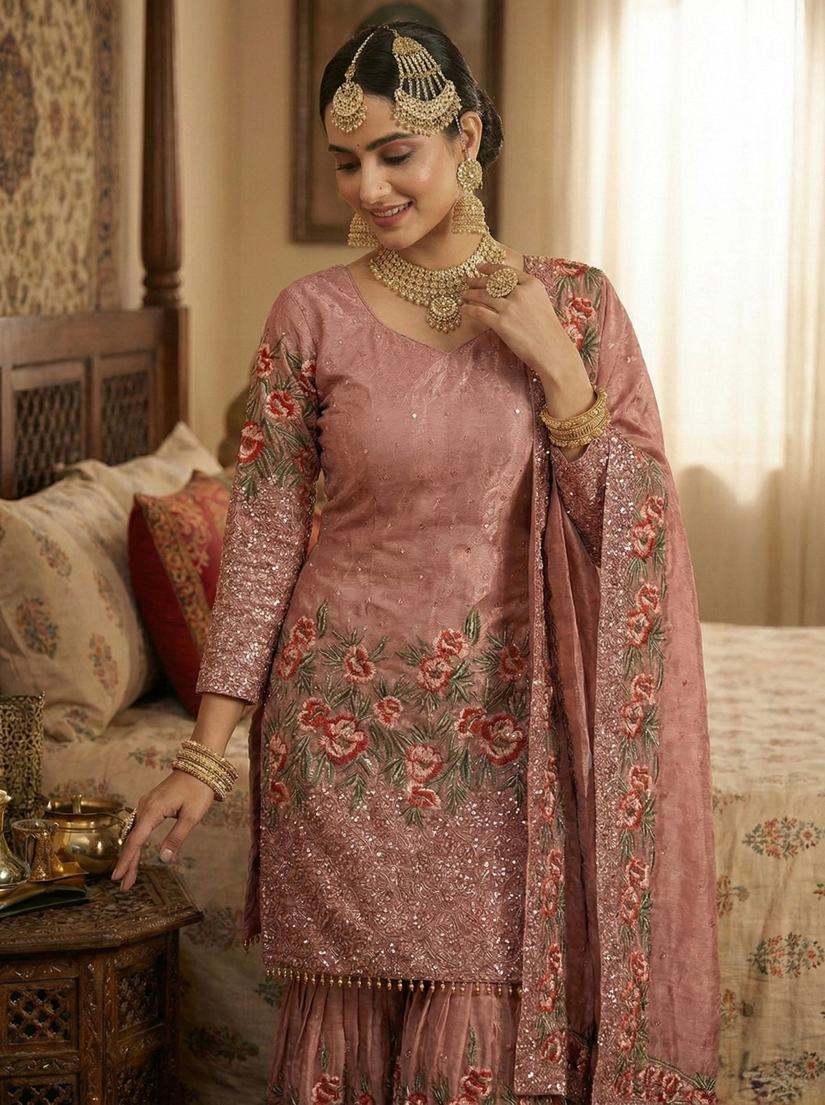 Fendy Silk Heavy Embroidered Sharara Suit Set for Women