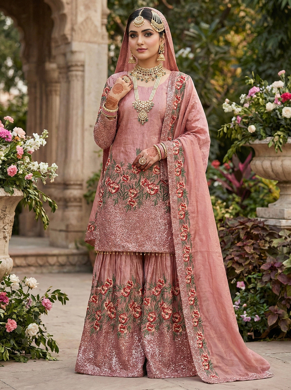 Fendy Silk Heavy Embroidered Sharara Suit Set for Women
