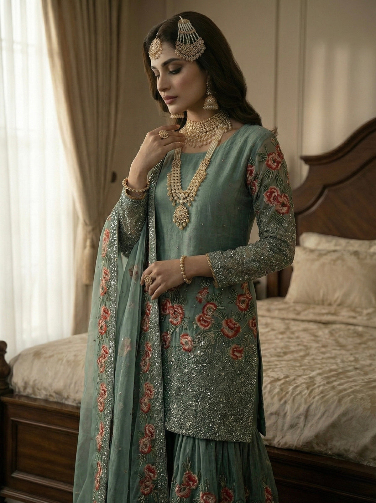 Greyish Fendy Silk Embroidered Kurta Sharara Set