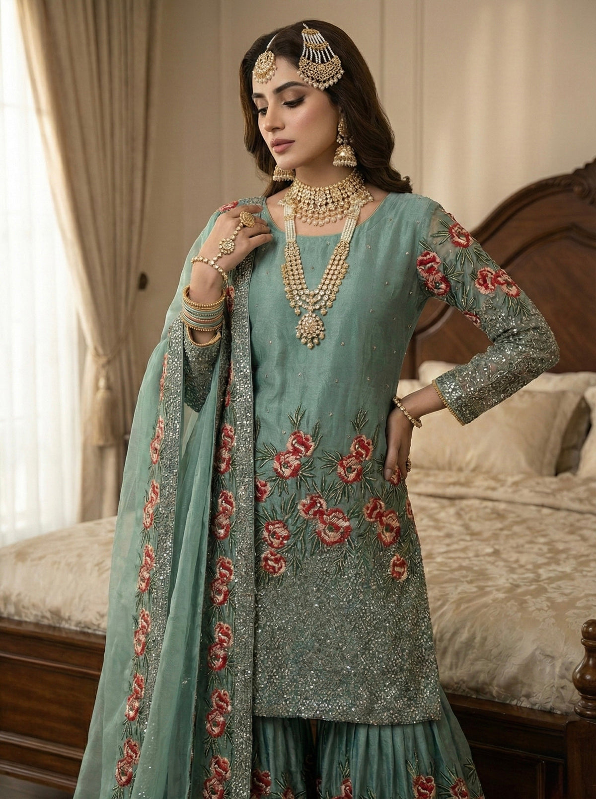 Greyish Fendy Silk Embroidered Kurta Sharara Set