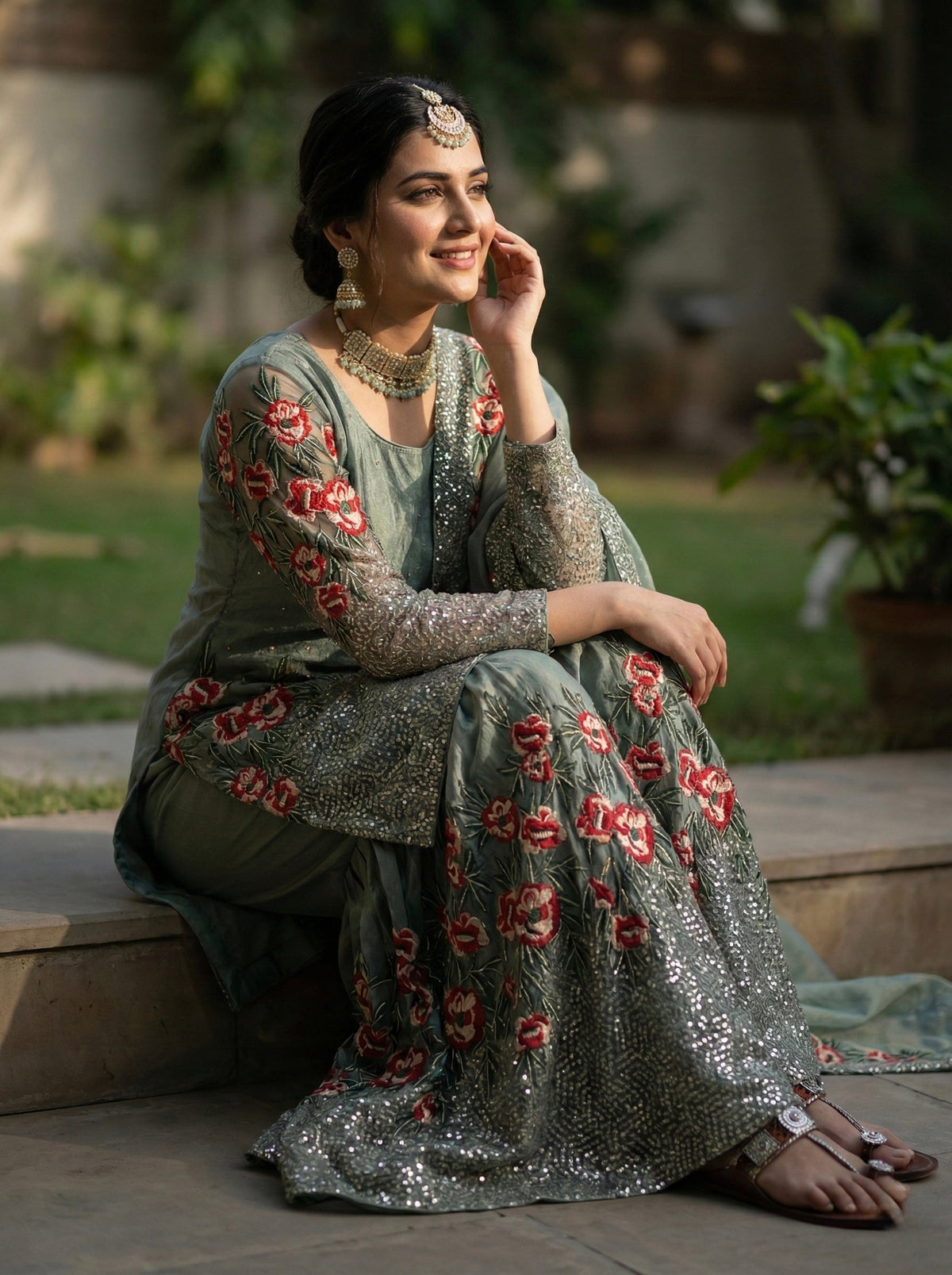 Greyish Fendy Silk Embroidered Kurta Sharara Set