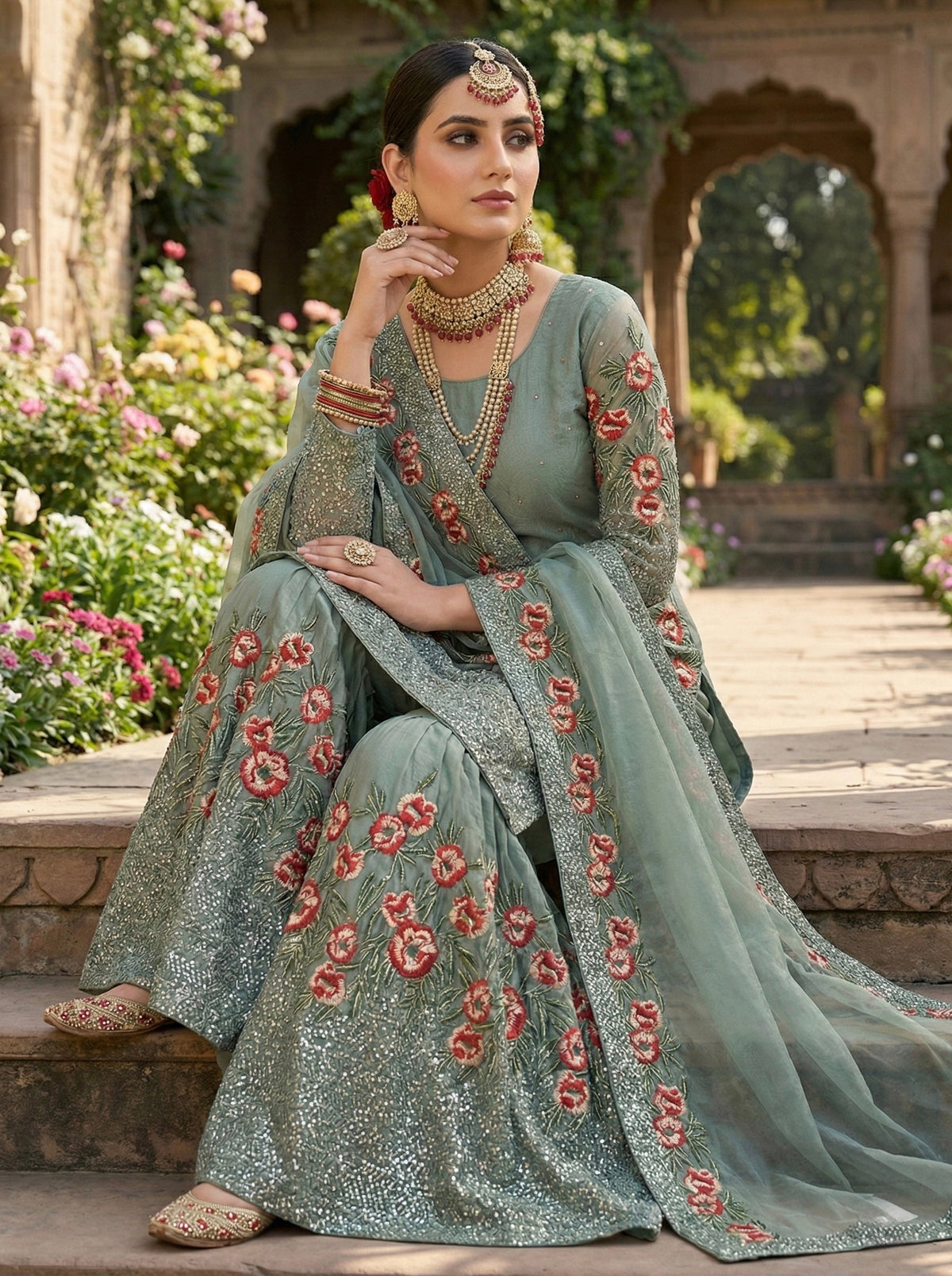 Greyish Fendy Silk Embroidered Kurta Sharara Set