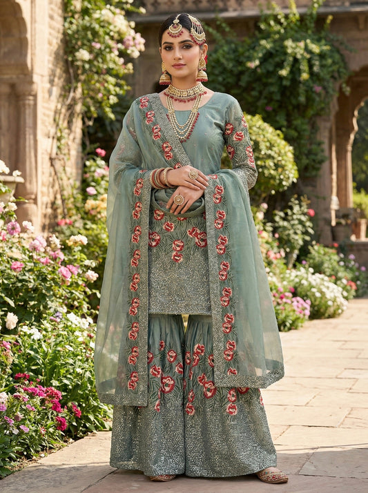 Greyish Fendy Silk Embroidered Kurta Sharara Set