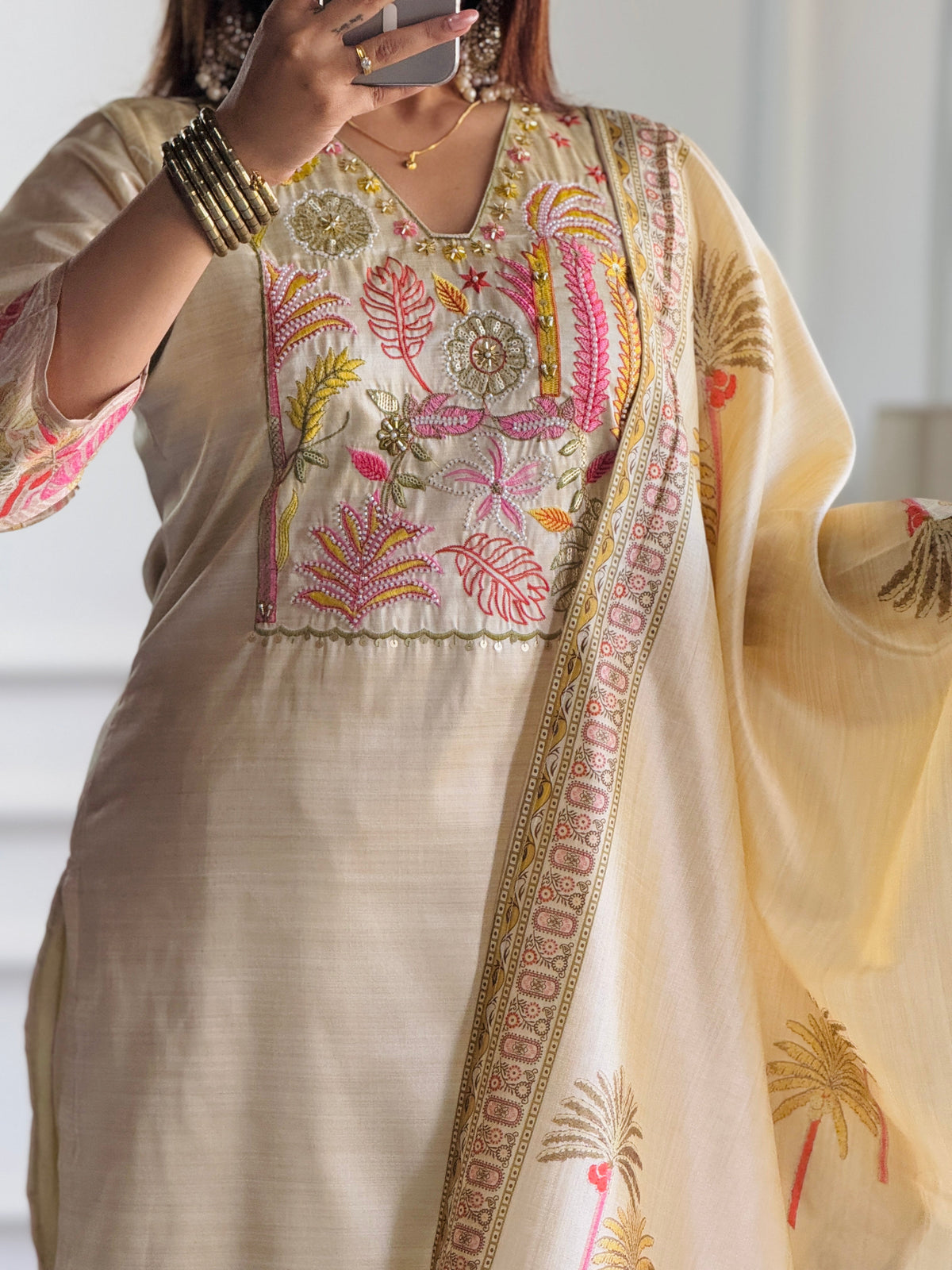 Ivory Assam Silk Embroidered Kurta with Pant & Dupatta Set for Women