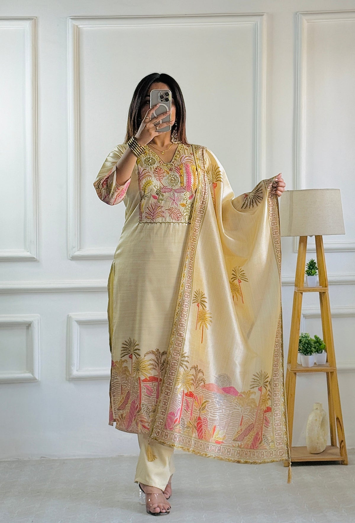 Ivory Assam Silk Embroidered Kurta with Pant & Dupatta Set for Women