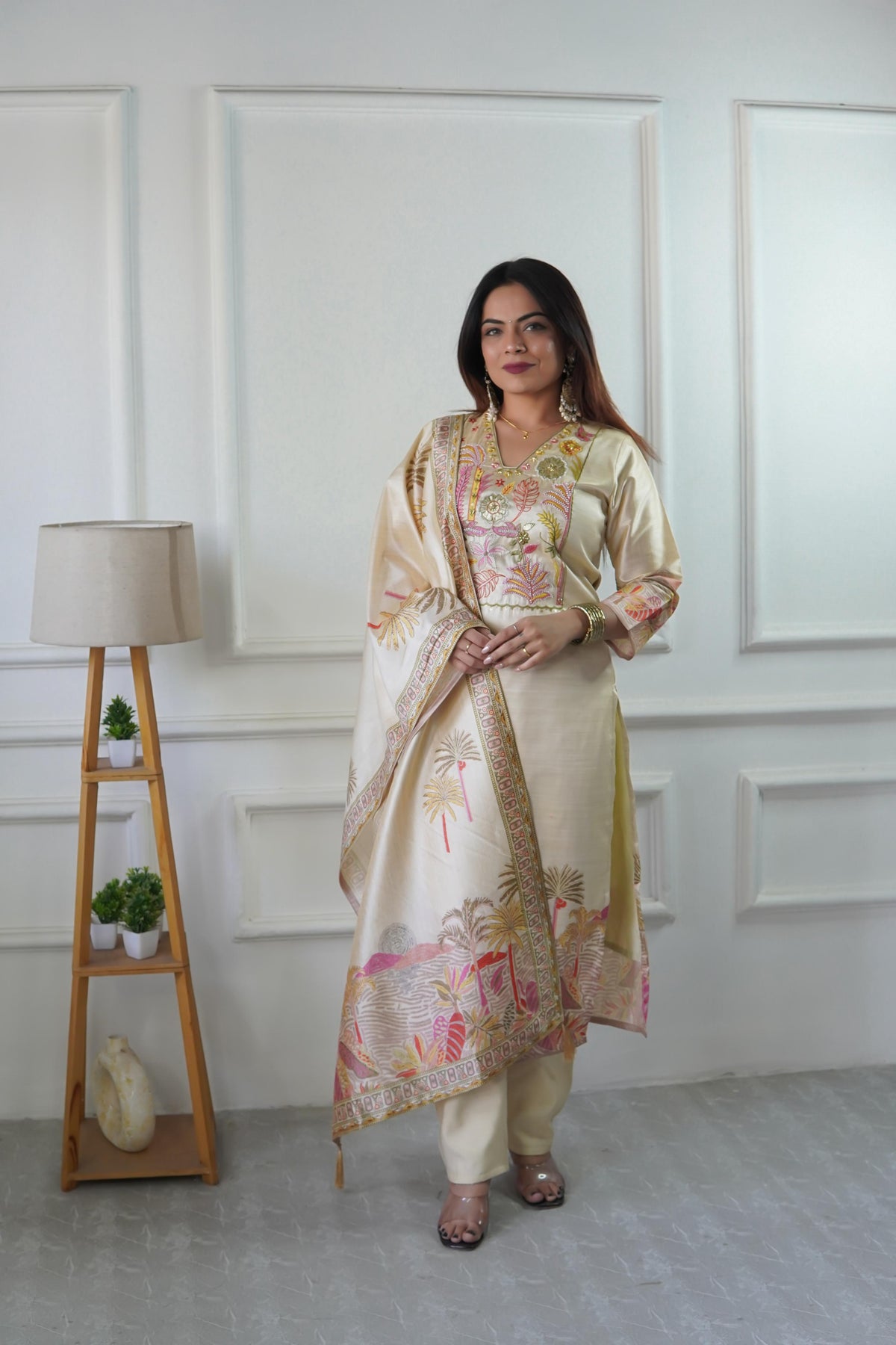 Ivory Assam Silk Embroidered Kurta with Pant & Dupatta Set for Women