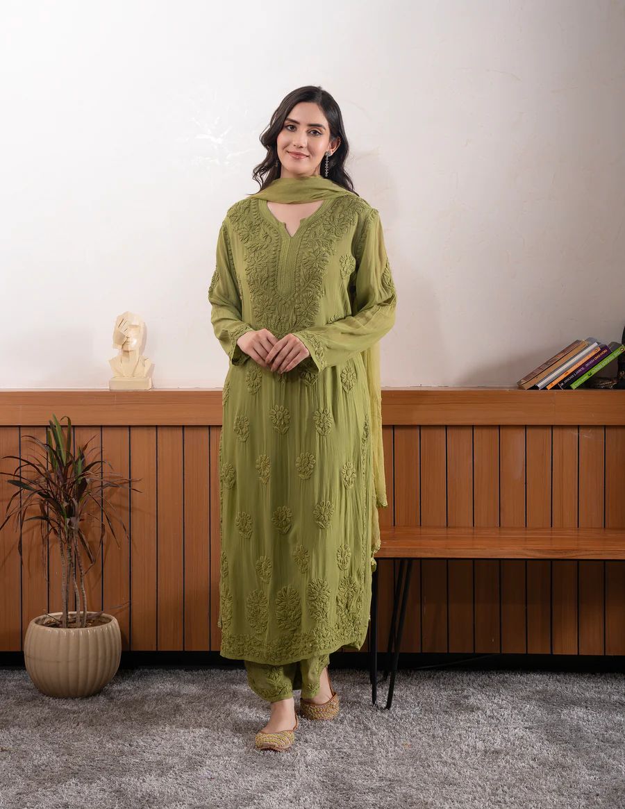 Georgette Chikankari Embroidery Kurta With Pant & Dupatta For Women