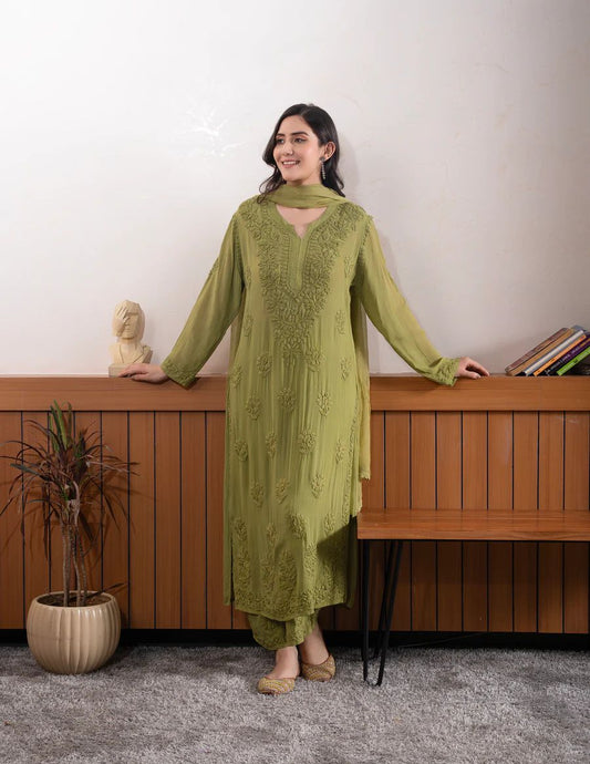 Georgette Chikankari Embroidery Kurta With Pant & Dupatta For Women