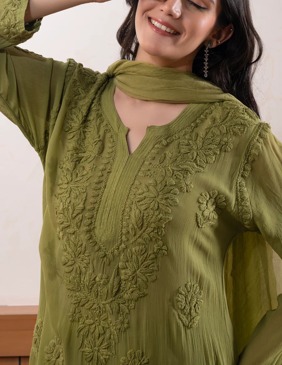 Georgette Chikankari Embroidery Kurta With Pant & Dupatta For Women