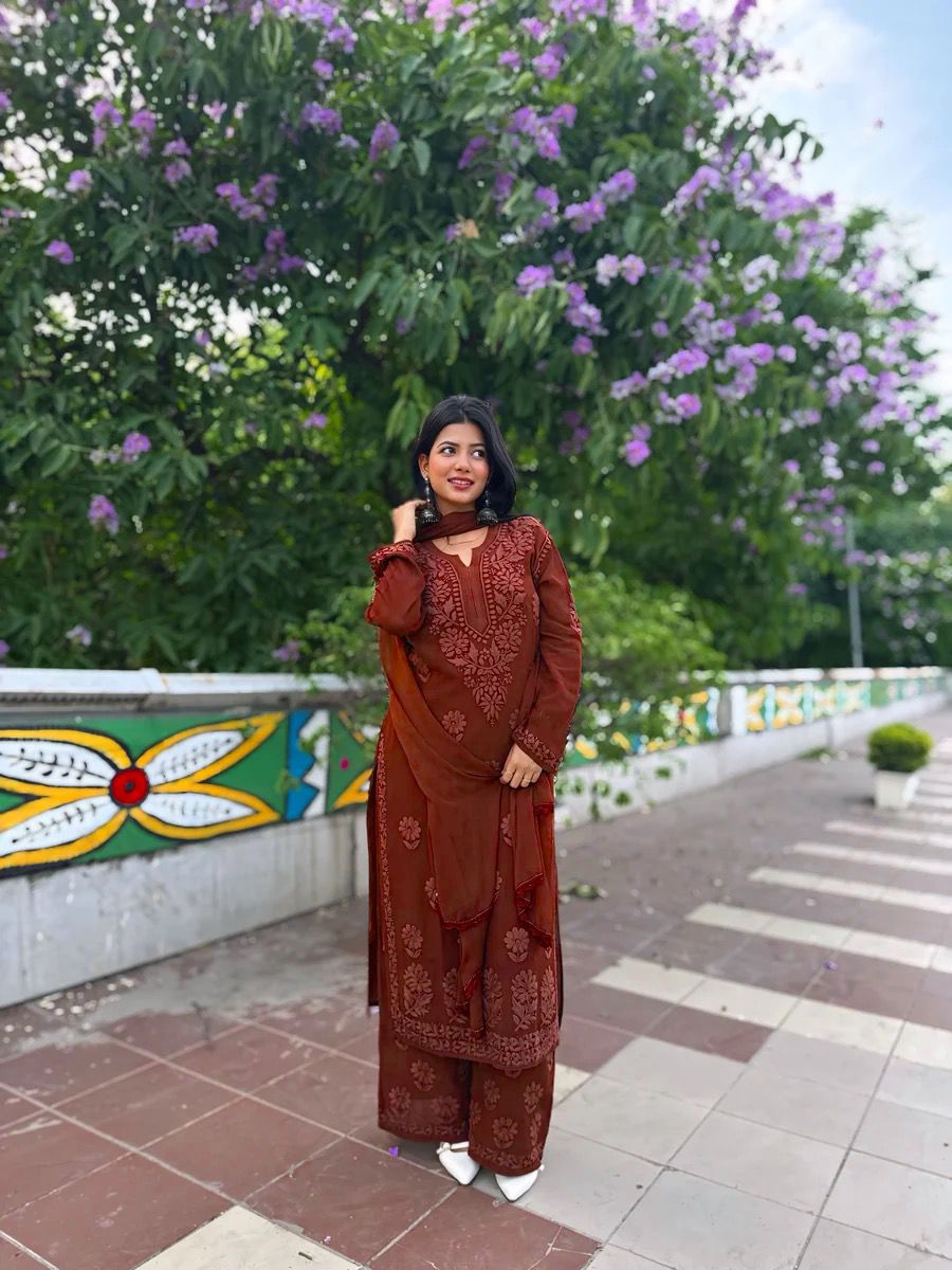 Georgette Chikankari Embroidery Kurta With Pant & Dupatta For Women