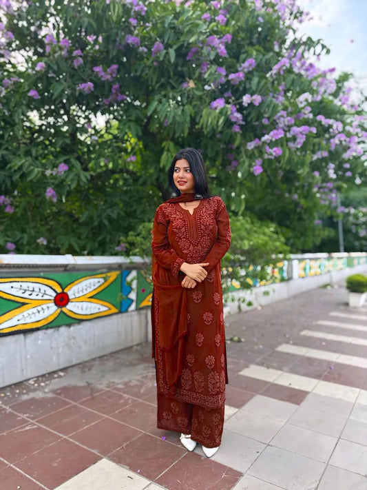 Georgette Chikankari Embroidery Kurta With Pant & Dupatta For Women