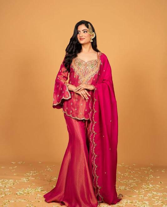 Designer Simar Silk Embroidered Sharara Set with Dupatta for Women