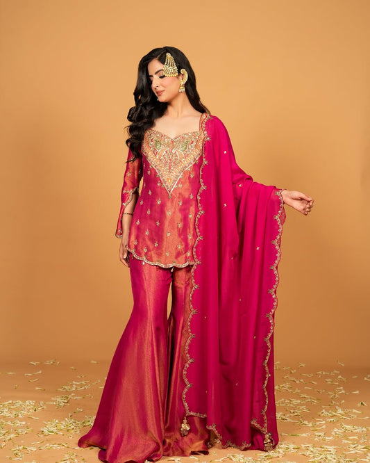 Designer Simar Silk Embroidered Sharara Set with Dupatta for Women