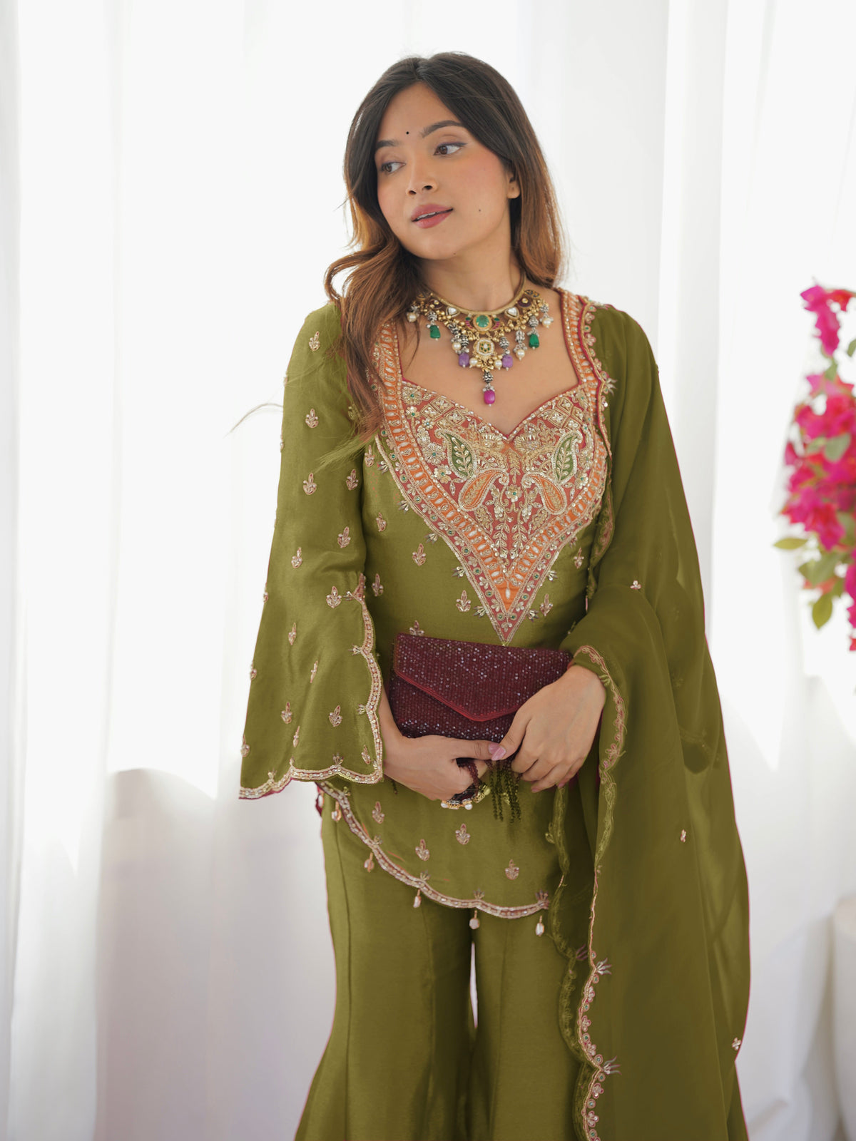 Designer Simar Silk Embroidered Sharara Set with Dupatta for Women