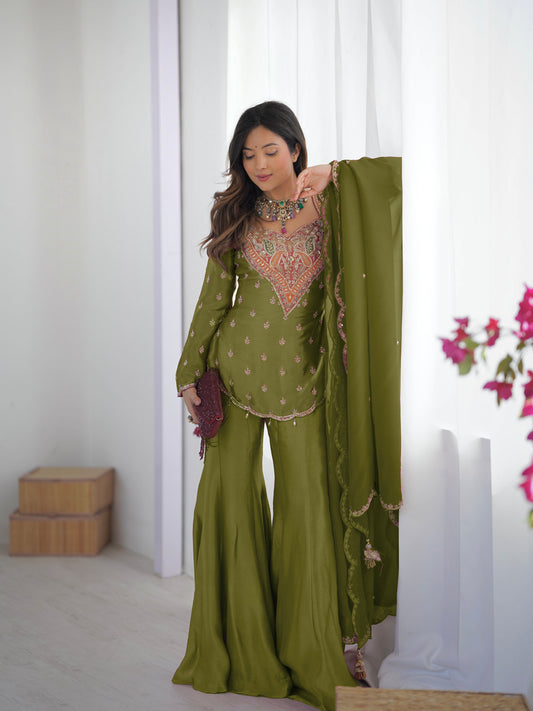Designer Simar Silk Embroidered Sharara Set with Dupatta for Women