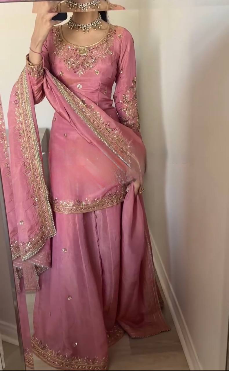 Dusty Chinon Silk Designer Top Palazzo Dupatta Set for Women