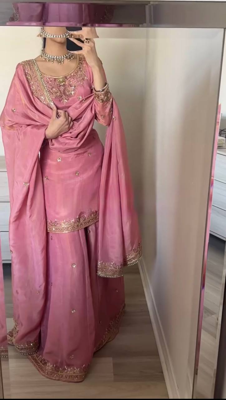 Dusty Chinon Silk Designer Top Palazzo Dupatta Set for Women
