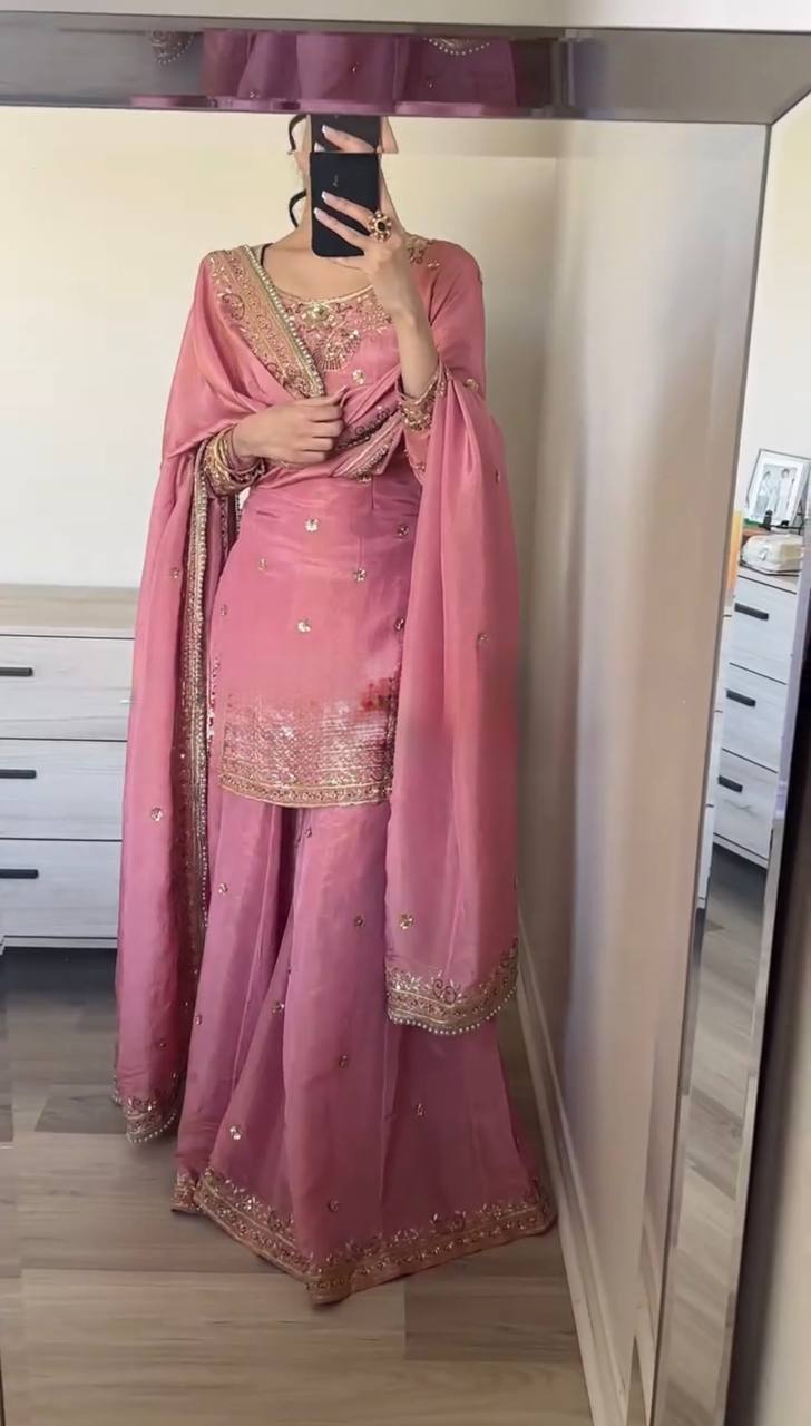 Dusty Chinon Silk Designer Top Palazzo Dupatta Set for Women