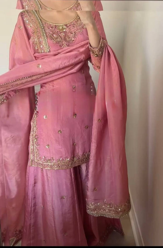 Dusty Chinon Silk Designer Top Palazzo Dupatta Set for Women