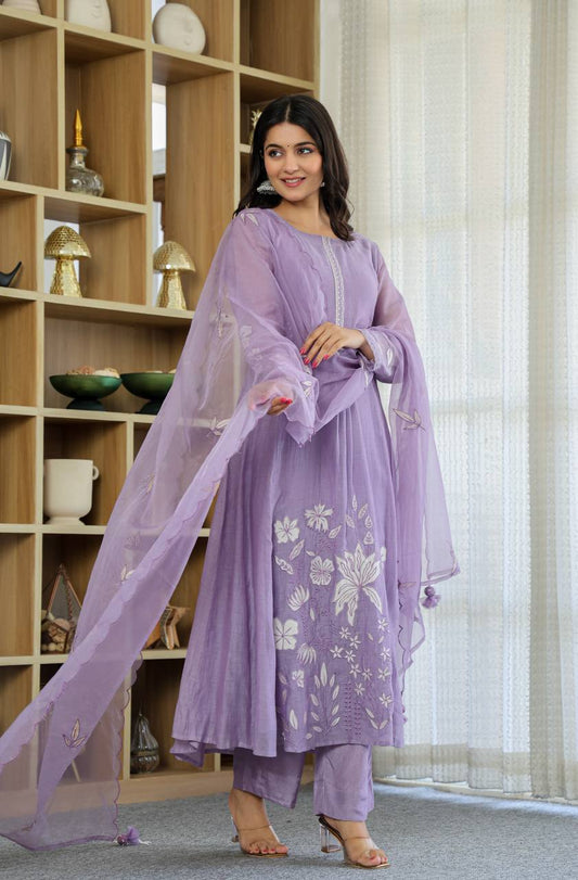 Women's  Designer Chanderi Silk Kurta with Pant & Dupatta