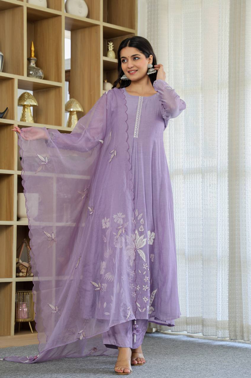 Women's  Designer Chanderi Silk Kurta with Pant & Dupatta