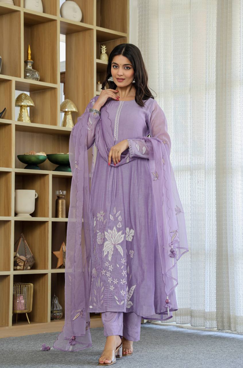 Women's  Designer Chanderi Silk Kurta with Pant & Dupatta