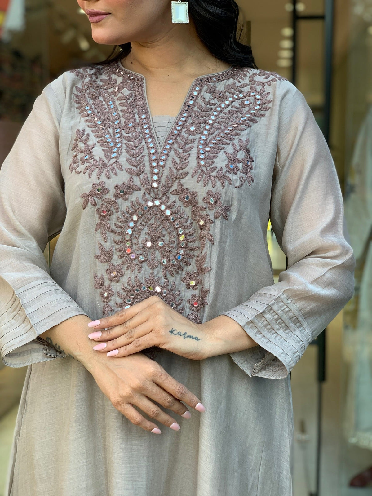 Light Muslin Cotton Embroidered Foil Mirror Work Kurta Palazzo