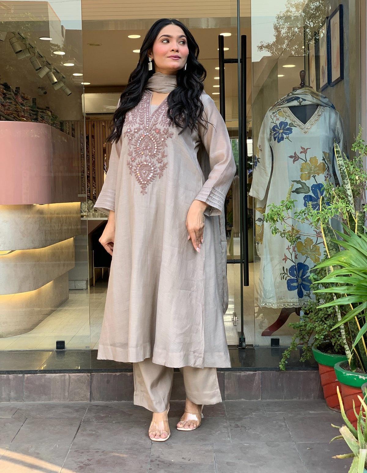 Light Muslin Cotton Embroidered Foil Mirror Work Kurta Palazzo