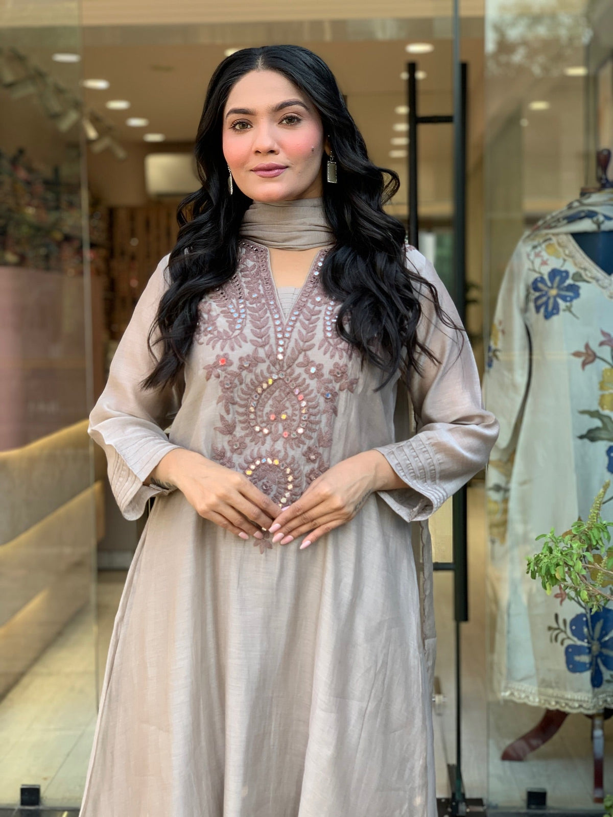 Light Muslin Cotton Embroidered Foil Mirror Work Kurta Palazzo