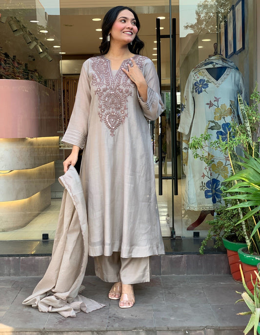 Light Muslin Cotton Embroidered Foil Mirror Work Kurta Palazzo