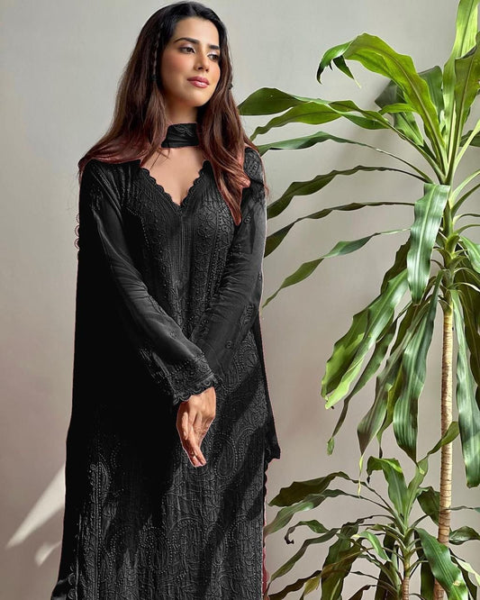 Georgette Chikankari Embroidery Kurta With Pant & Dupatta For Women