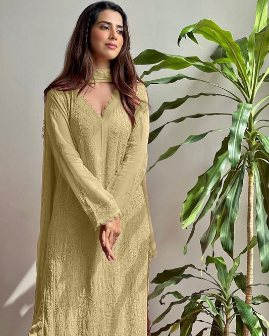 Georgette Chikankari Embroidery Kurta Pant Dupatta Set for Women