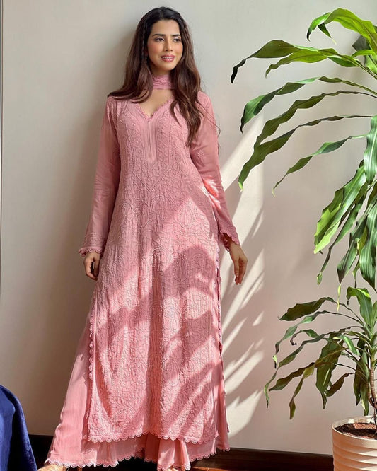 Georgette Chikankari Kurta Pant Set for Women