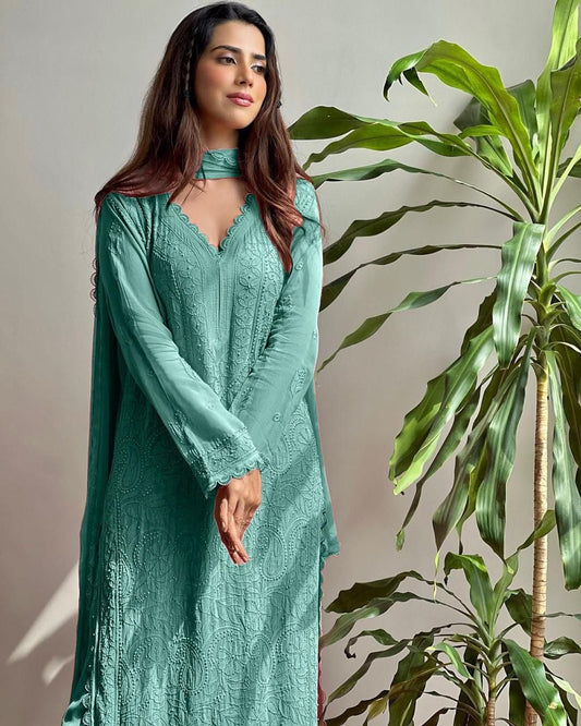 Georgette Chikankari Embroidered Kurta Pant Dupatta Set for Women