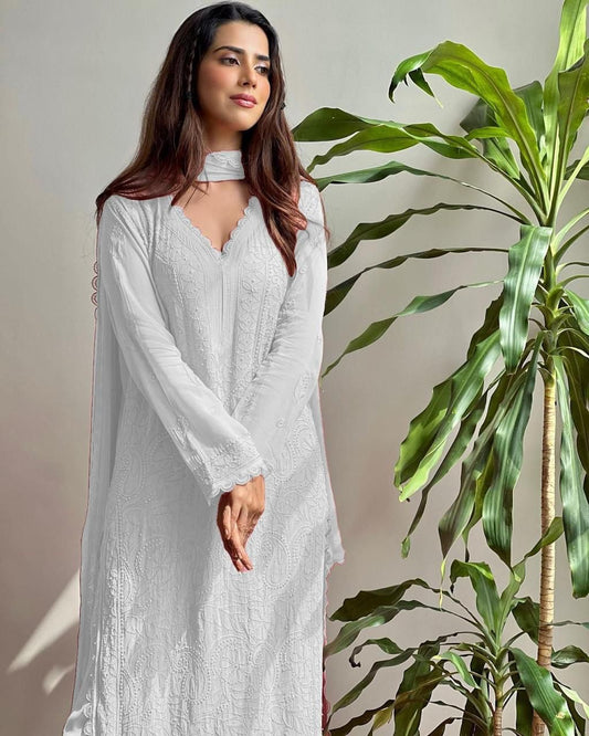 Georgette Chikankari Embroidered Kurta Pant Set with Dupatta for Women
