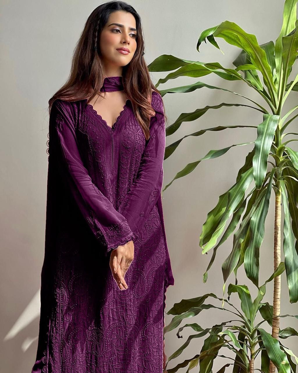 Wine Georgette Chikankari Embroidery Kurta With Pant & Dupatta For Women