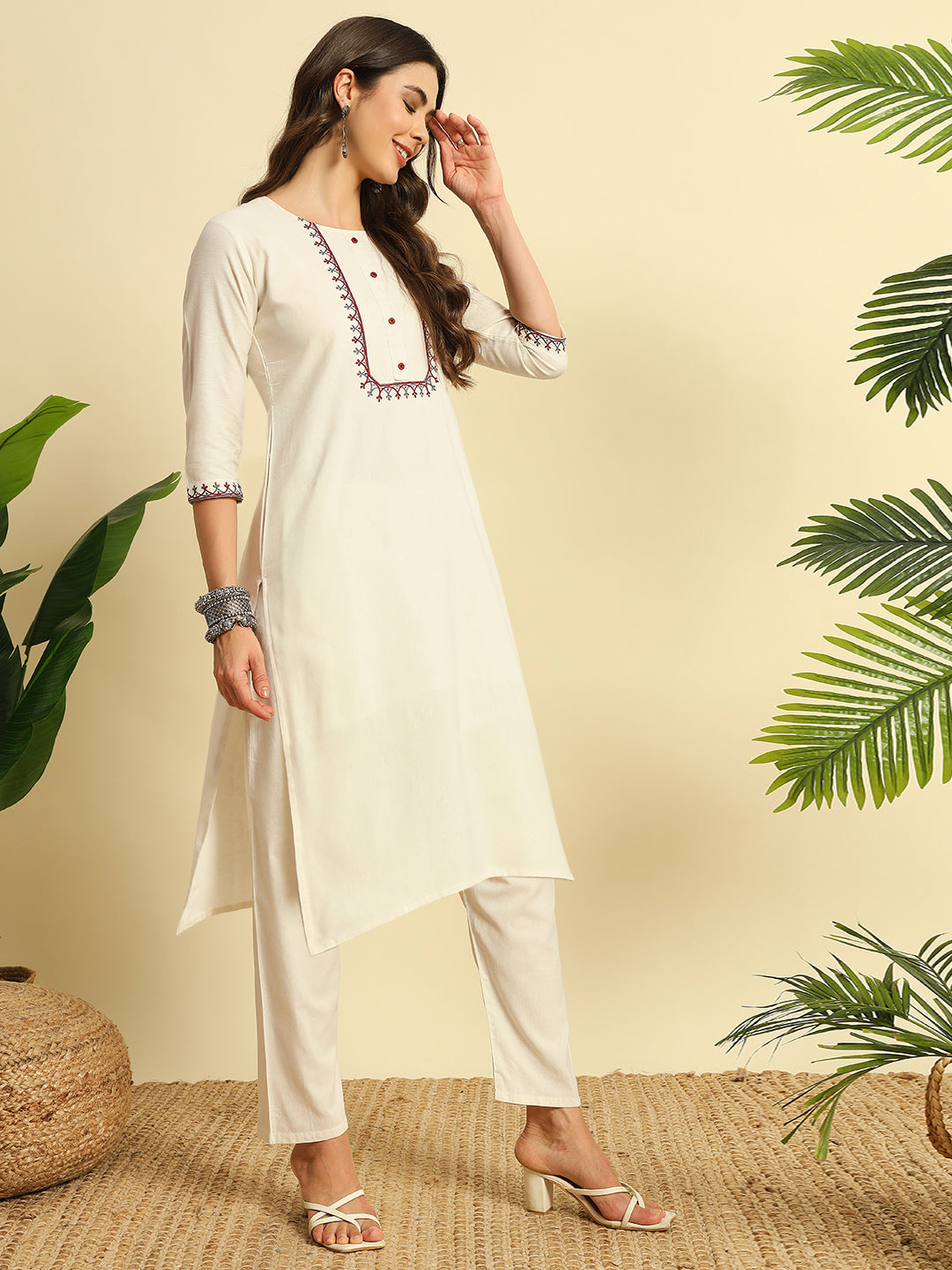 Ivory Khadi Cotton Thread Embroidered Kurta Pant Dupatta Set for Women