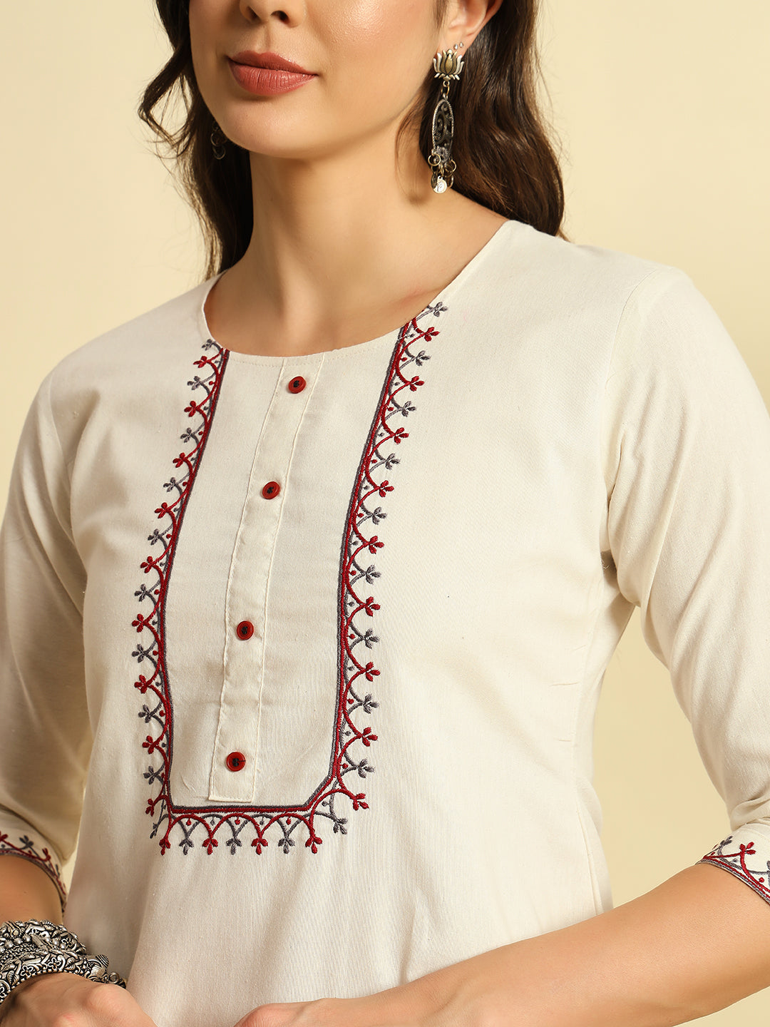Ivory Khadi Cotton Thread Embroidered Kurta Pant Dupatta Set for Women