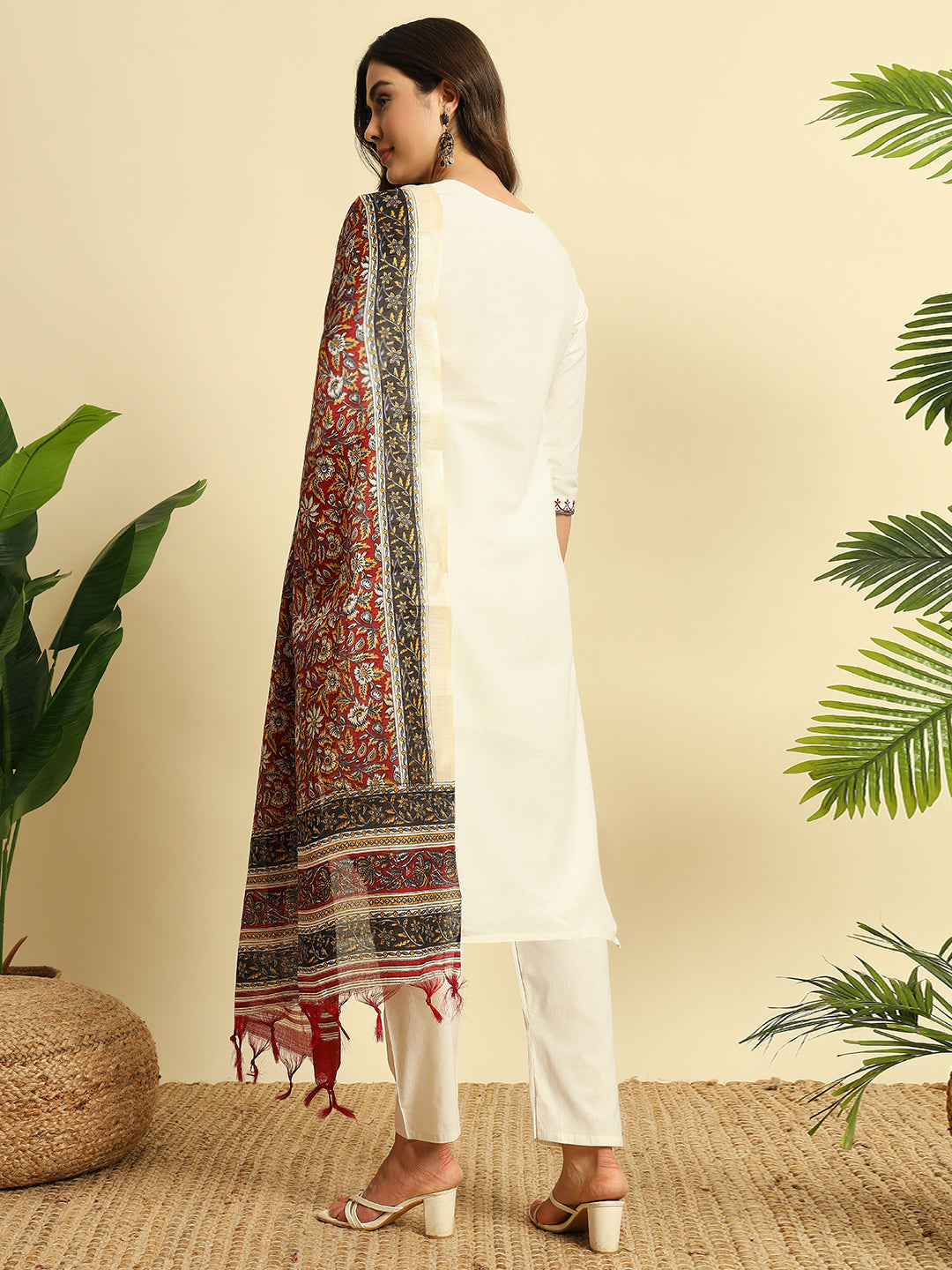 Ivory Khadi Cotton Thread Embroidered Kurta Pant Dupatta Set for Women