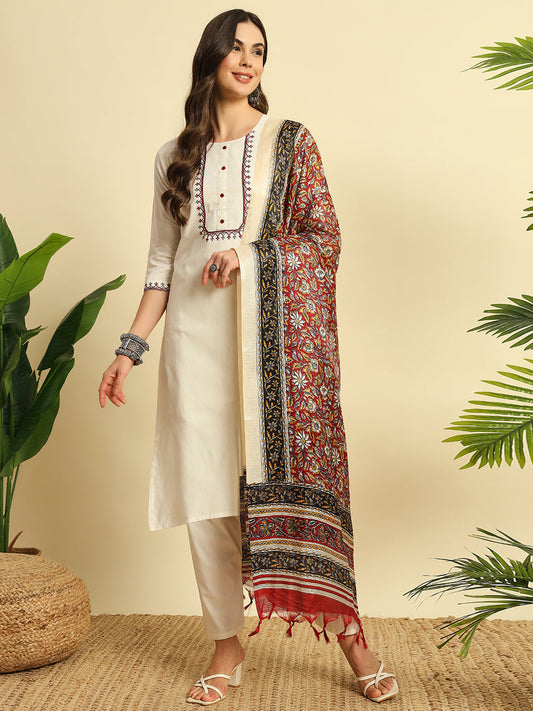 Ivory Khadi Cotton Thread Embroidered Kurta Pant Dupatta Set for Women