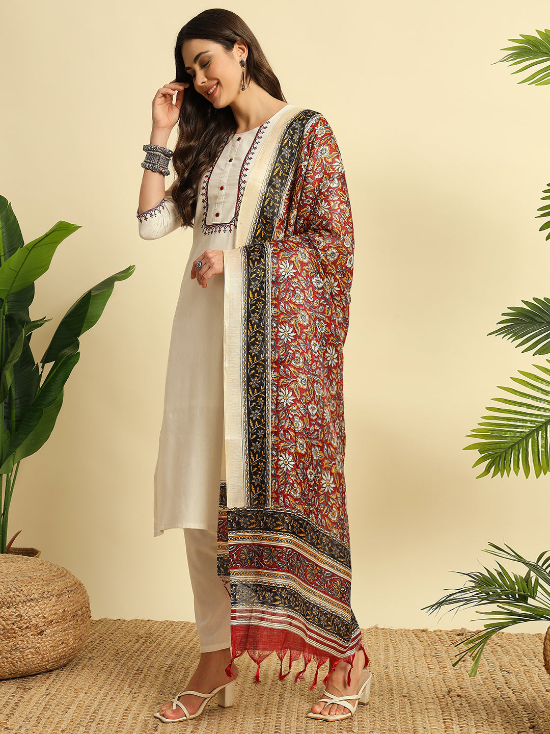Ivory Khadi Cotton Thread Embroidered Kurta Pant Dupatta Set for Women