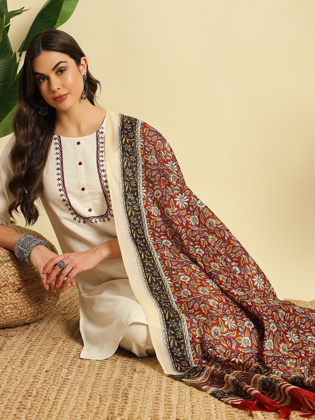 Ivory Khadi Cotton Thread Embroidered Kurta Pant Dupatta Set for Women