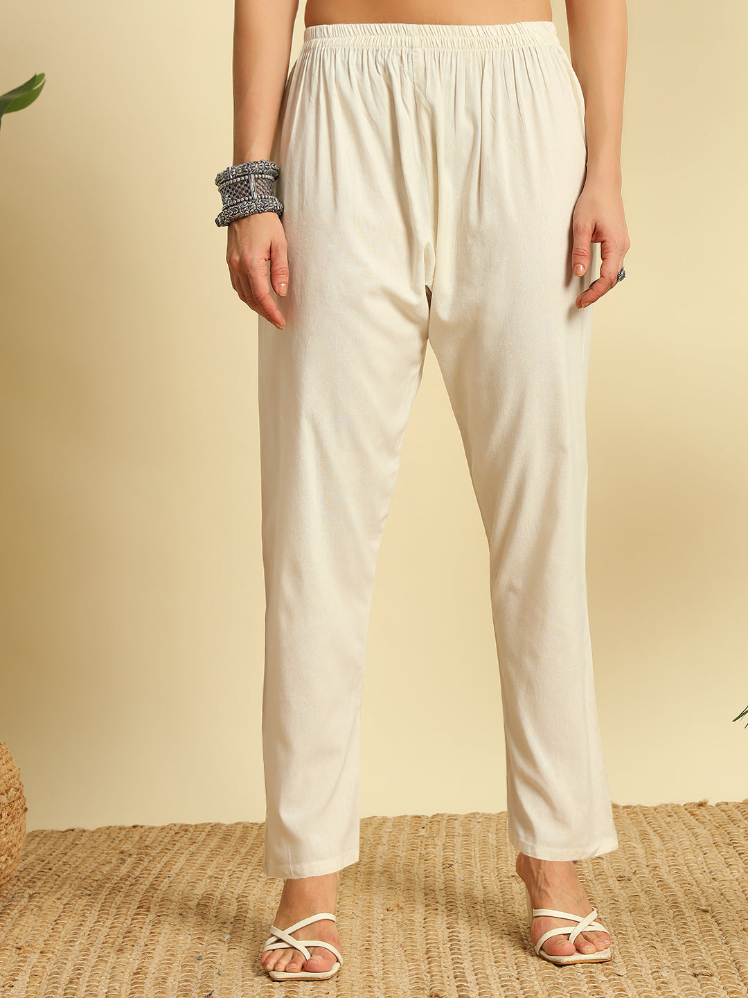 Ivory Khadi Cotton Thread Embroidered Kurta Pant Dupatta Set for Women