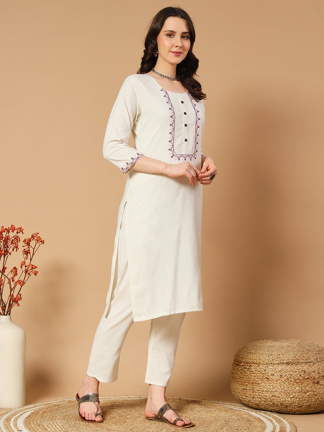 Ivory & Khadi Cotton Thread Embroidered Kurta Pant & Dupatta Set for Women