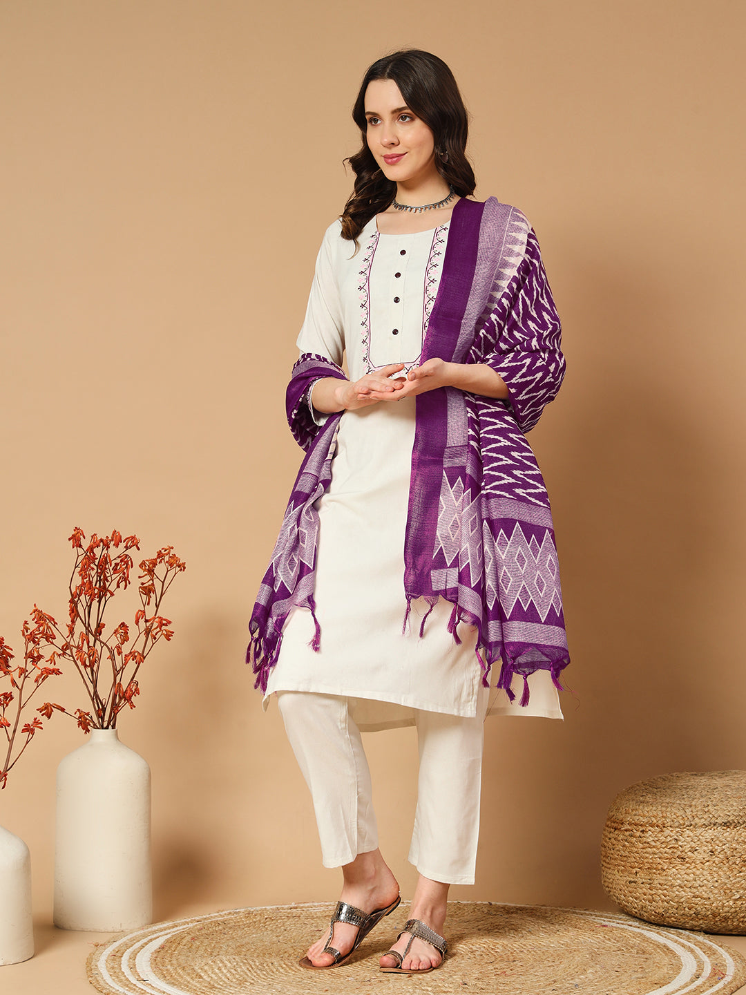 Ivory & Khadi Cotton Thread Embroidered Kurta Pant & Dupatta Set for Women