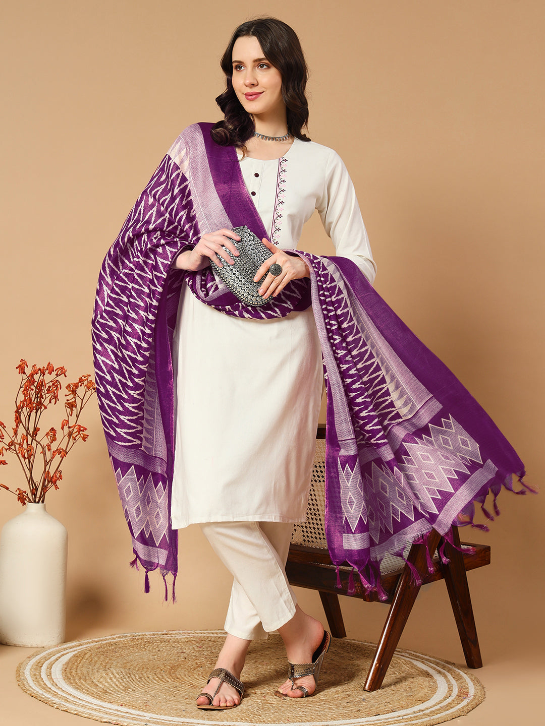 Ivory & Khadi Cotton Thread Embroidered Kurta Pant & Dupatta Set for Women