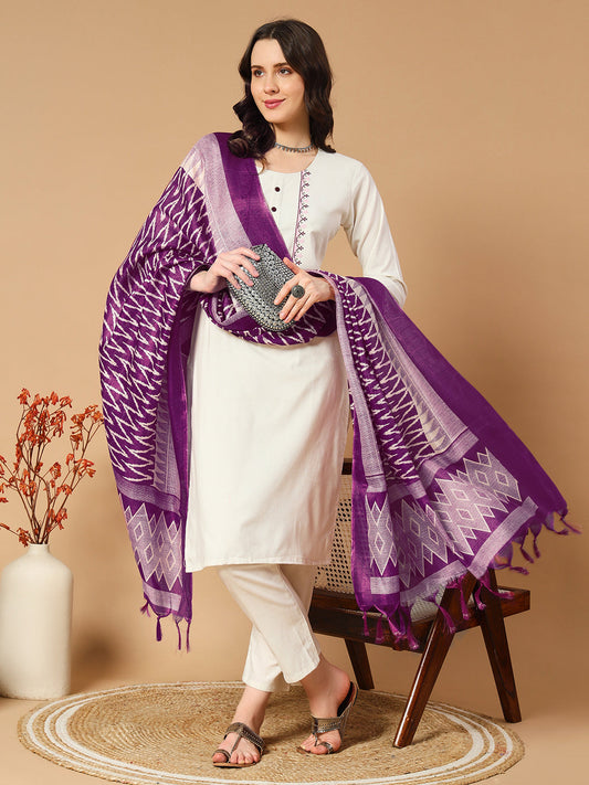 Ivory & Khadi Cotton Thread Embroidered Kurta Pant & Dupatta Set for Women