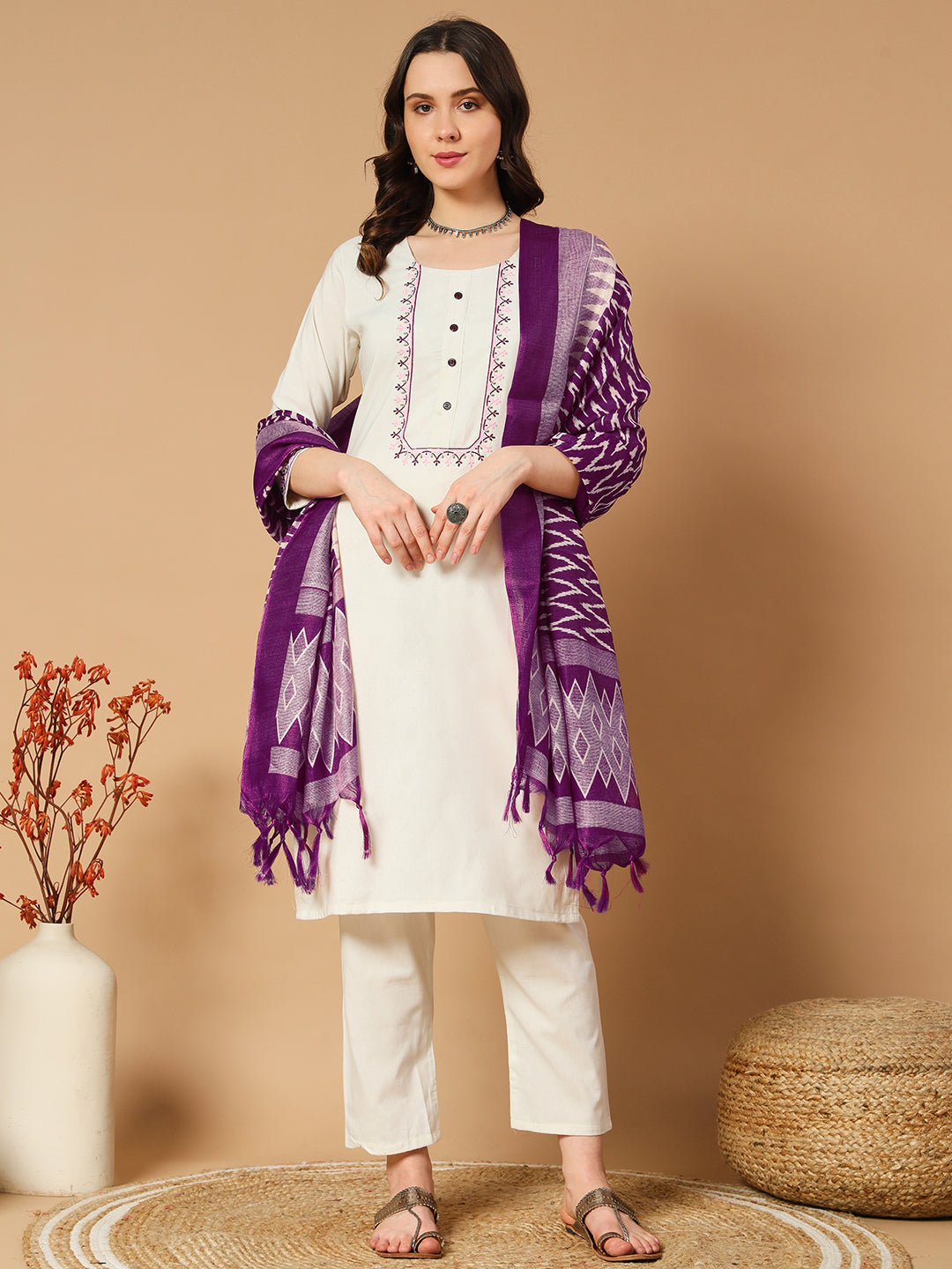 Ivory & Khadi Cotton Thread Embroidered Kurta Pant & Dupatta Set for Women